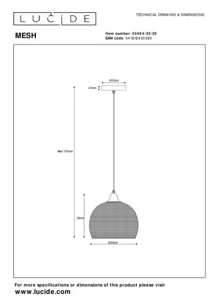 Lucide MESH - Suspension - Ø 22 cm - 1xE27 - Noir - TECHNISCH